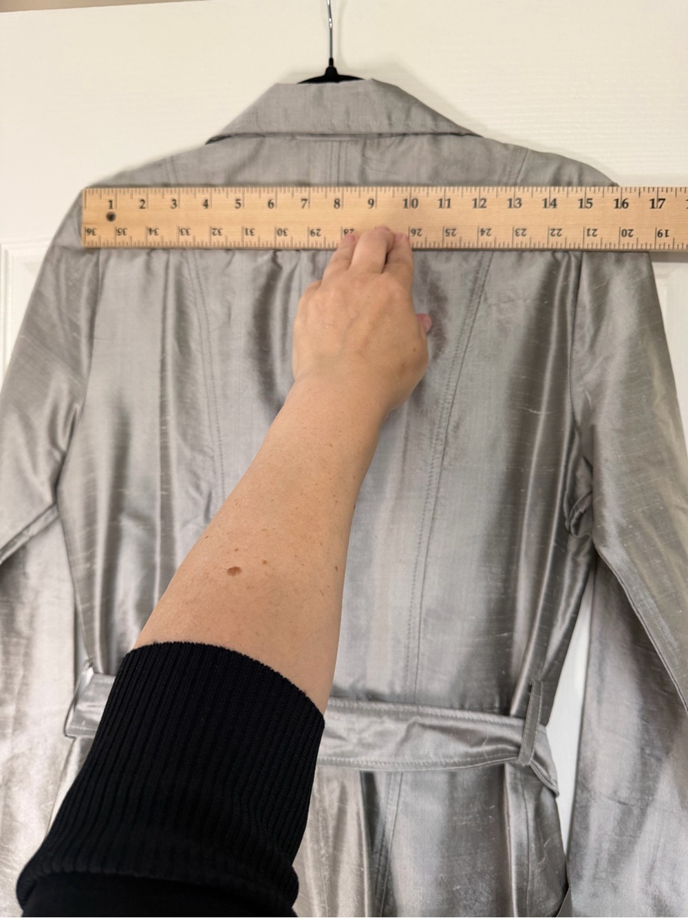 Vintage Silk Dupioni Belted Trench Coat Sz L Silver Taupe Shimmer Made in USA - Picture 9 of 10